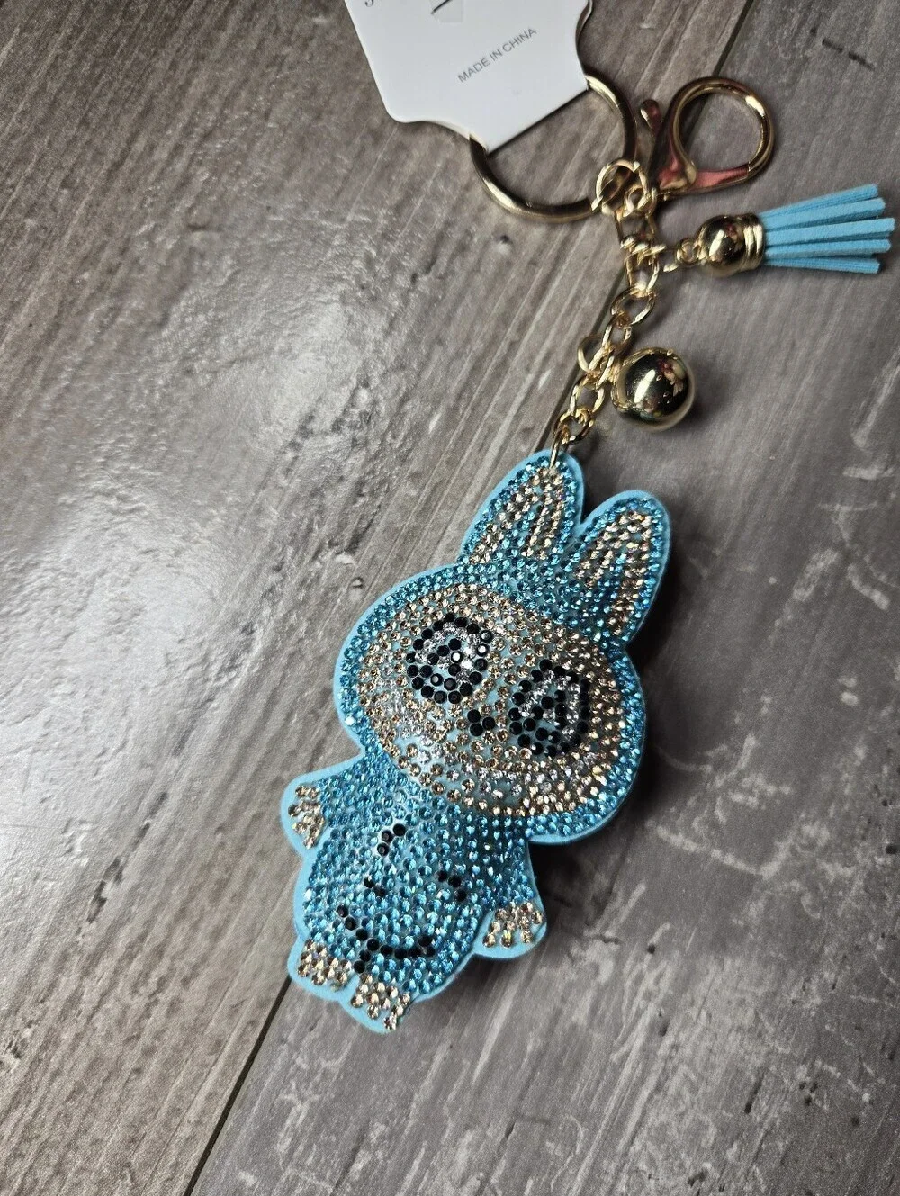 NWT Fashion Jewelry Sparkling Blue Labubu Inspired Gold Keyring Set with Charm